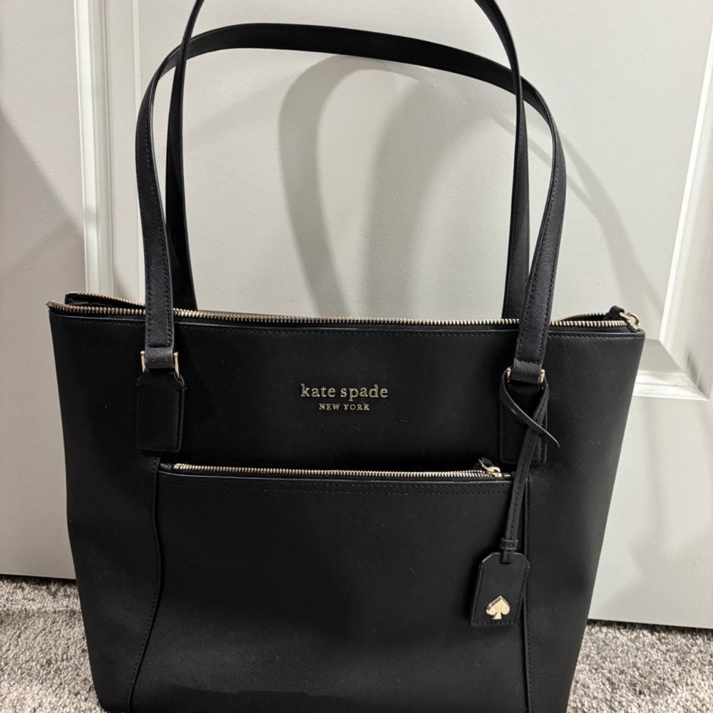kate spade Black Leather Tote with Front Zip Pocket